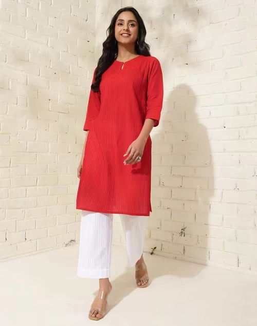 Maroon Cotton Knee Length Slim Fit Knee Length Kurta