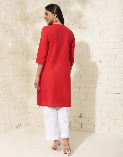 Maroon Cotton Knee Length Slim Fit Knee Length Kurta