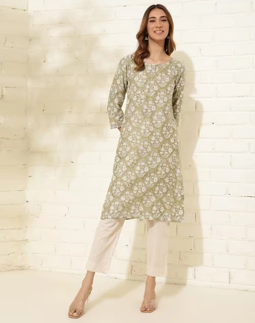 Green Cotton Silk Hand Block Printed Knee Length Kurta