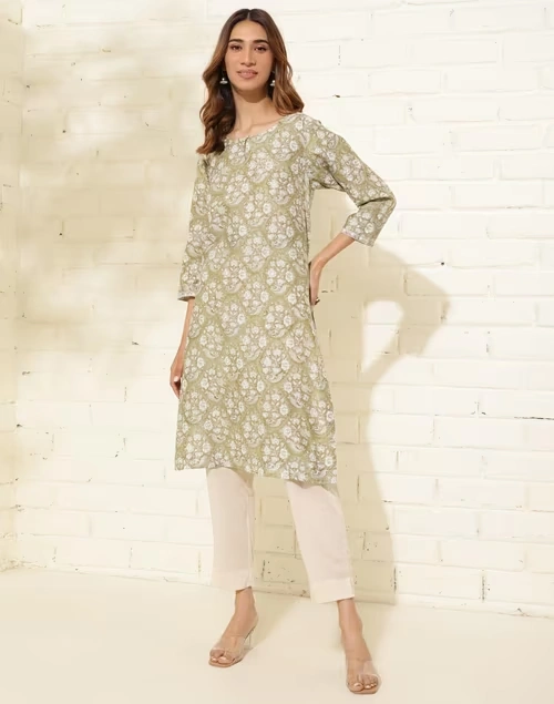 Green Cotton Silk Hand Block Printed Knee Length Kurta