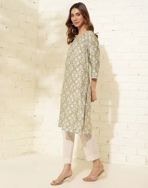 Green Cotton Silk Hand Block Printed Knee Length Kurta 3 Green Cotton Silk Hand Block Printed Knee Length Kurta