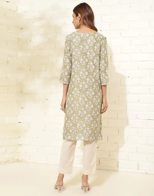 Green Cotton Silk Hand Block Printed Knee Length Kurta 4 Green Cotton Silk Hand Block Printed Knee Length Kurta