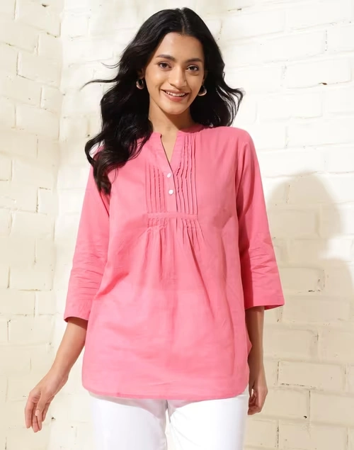 Pink Cotton Thigh Length Tunic