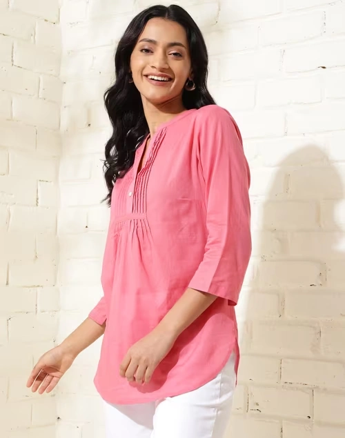 Pink Cotton Thigh Length Tunic