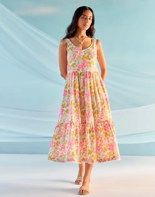 White Cotton Printed Midi Dress