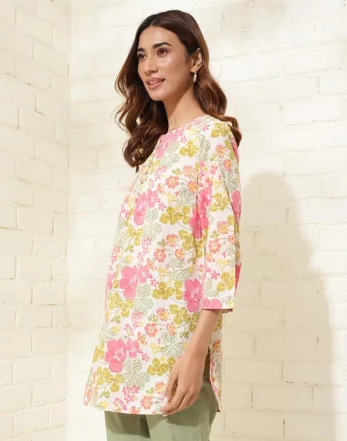 White Cotton Printed Tunic