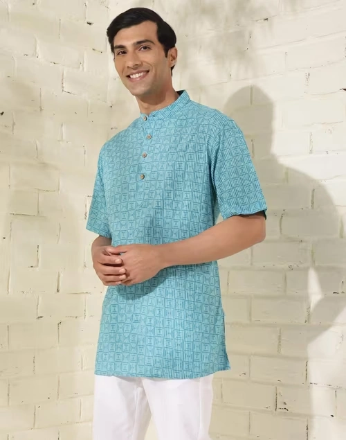 Blue Cotton Printed Short Kurta