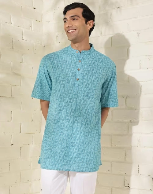 Blue Cotton Printed Short Kurta
