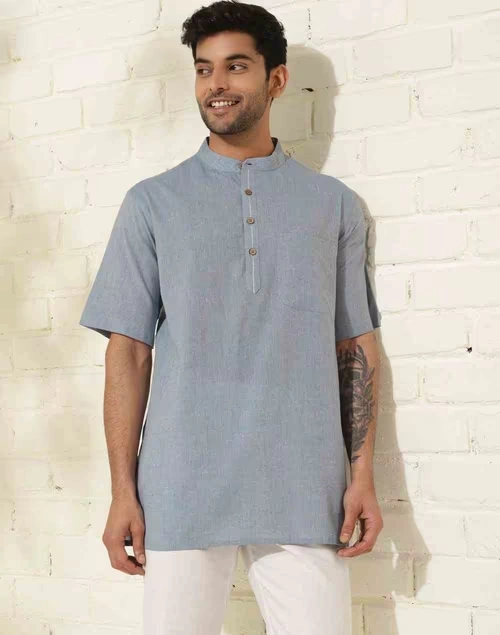 Blue Cotton Woven Short Kurta