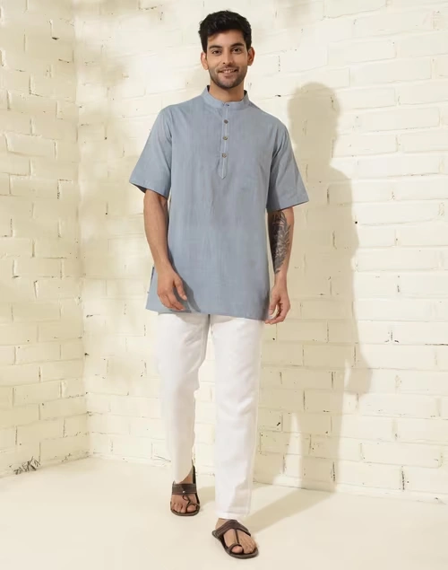 Blue Cotton Woven Short Kurta