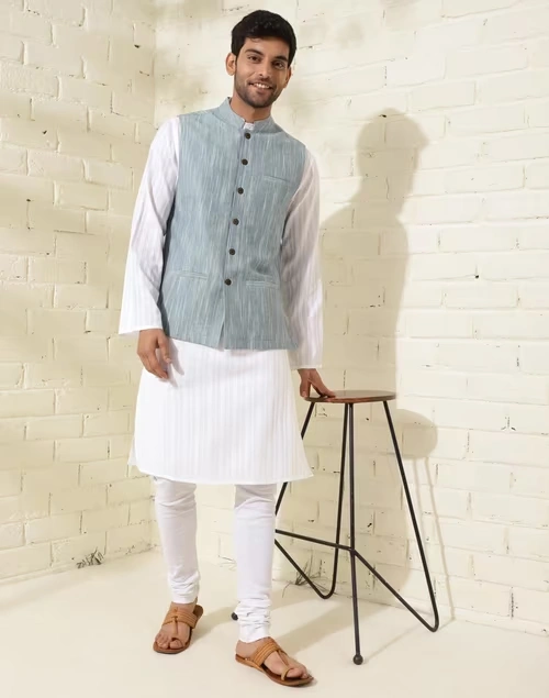 Blue Cotton Woven Jacket Nehru