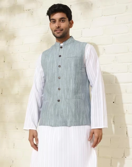 Blue Cotton Woven Jacket Nehru