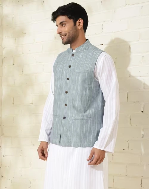 Blue Cotton Woven Jacket Nehru