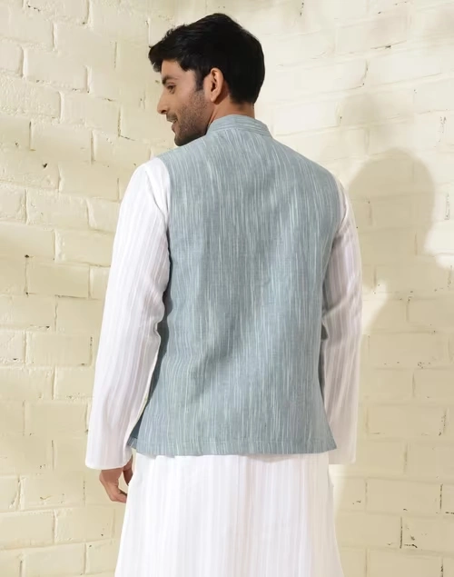 Blue Cotton Woven Jacket Nehru