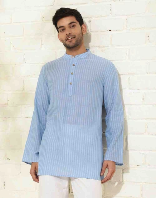 Blue Cotton Dobby Short Kurta