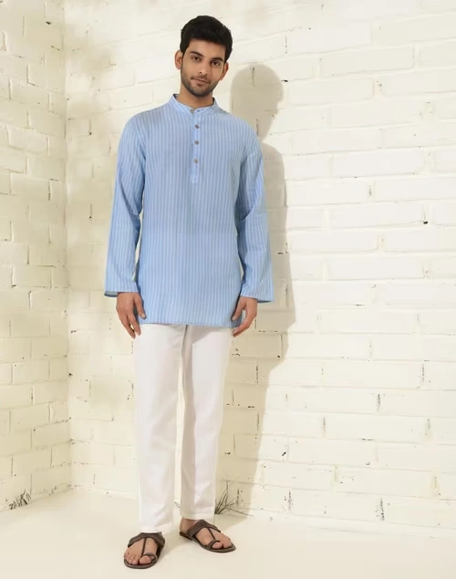 Blue Cotton Dobby Short Kurta
