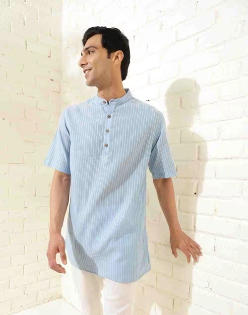 Blue Cotton Dobby Short Kurta