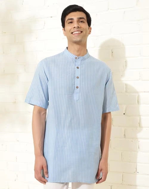 Blue Cotton Dobby Short Kurta