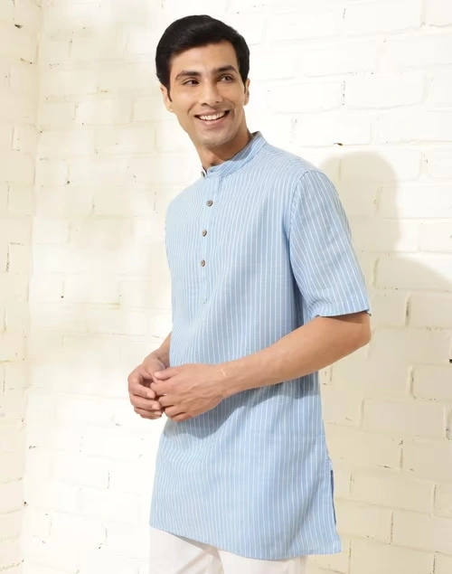 Blue Cotton Dobby Short Kurta 3 Blue Cotton Dobby Short Kurta