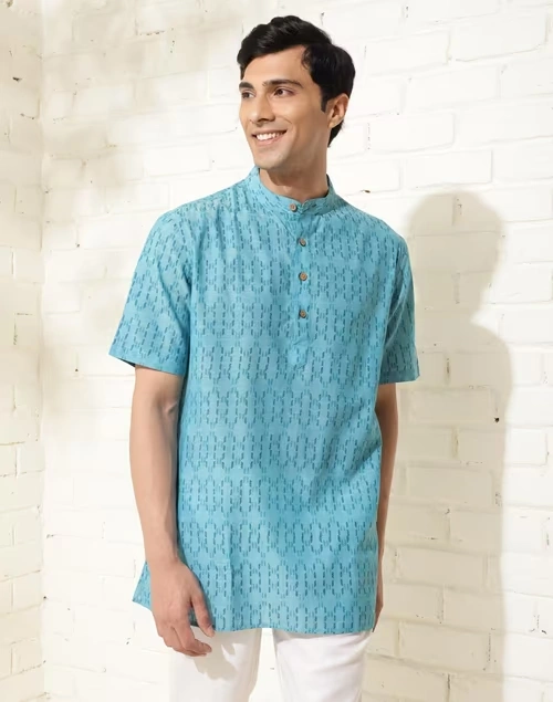 Blue Cotton Hand Block Printed Short Kurta