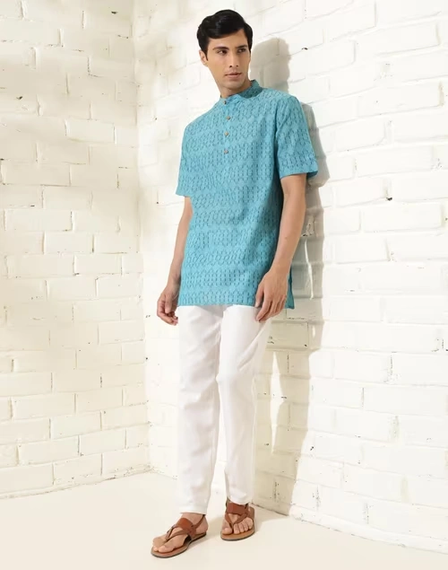 Blue Cotton Hand Block Printed Short Kurta