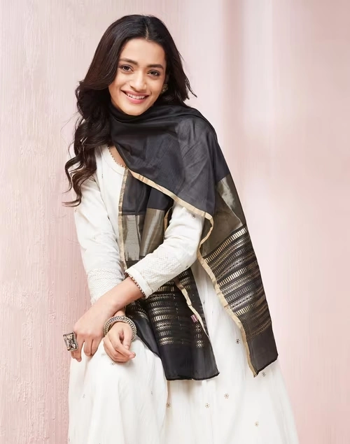 Black Cotton Silk Blend Stole