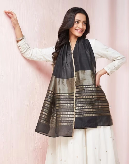 Black Cotton Silk Blend Stole