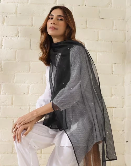 Black Cotton Silk Embroidered Stole