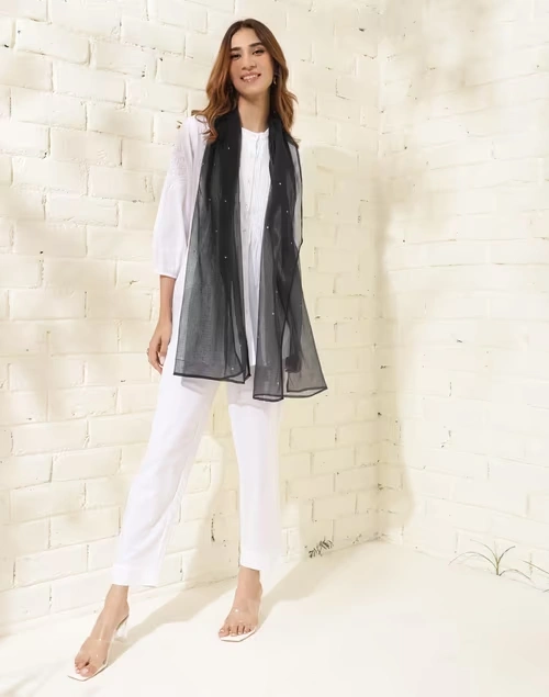 Black Cotton Silk Embroidered Stole