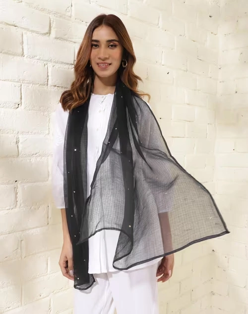 Black Cotton Silk Embroidered Stole 4 Black Cotton Silk Embroidered Stole