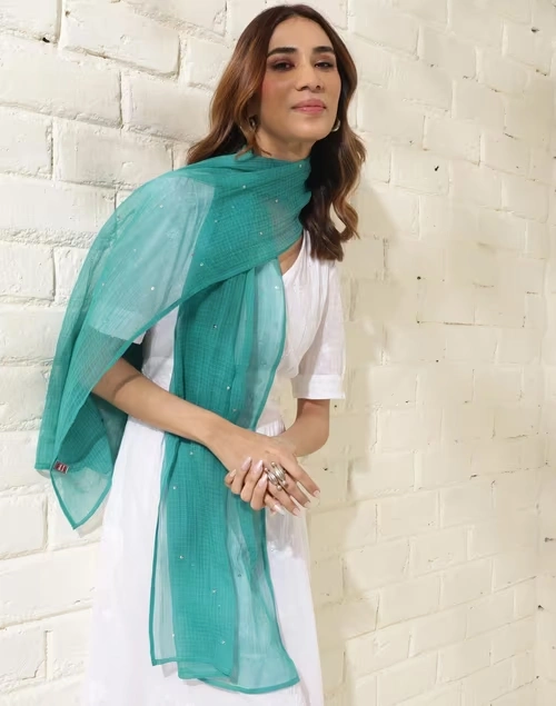 Turquoise Cotton Silk Embroidered Stole