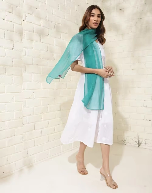 Turquoise Cotton Silk Embroidered Stole 3 Turquoise Cotton Silk Embroidered Stole