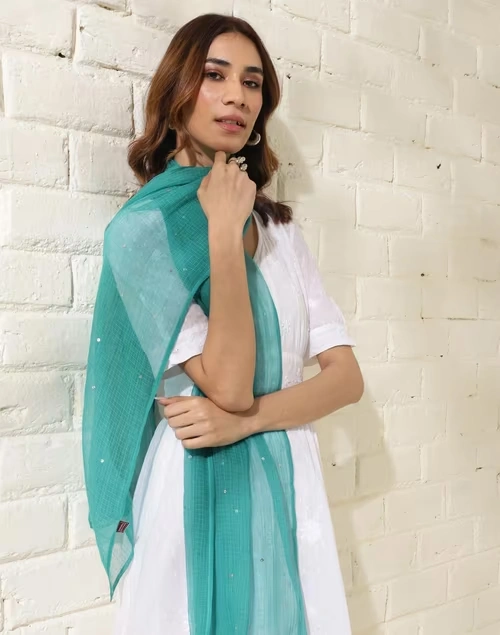 Turquoise Cotton Silk Embroidered Stole 4 Turquoise Cotton Silk Embroidered Stole