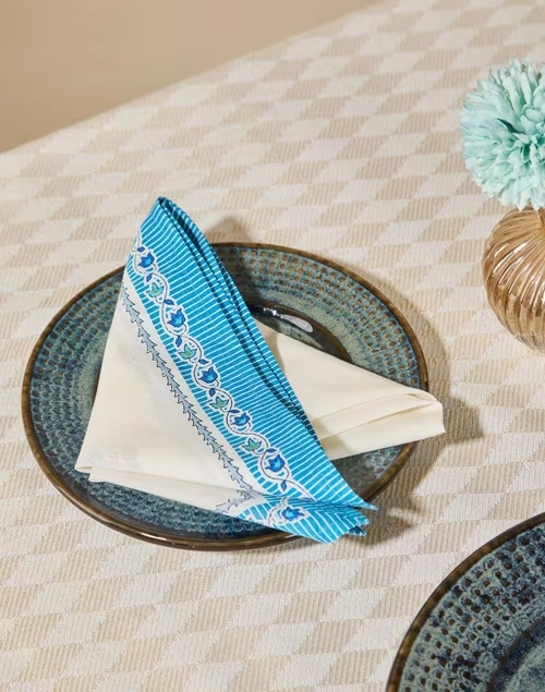 Turquoise Cotton Printed Ramya Napkin - Set of 6