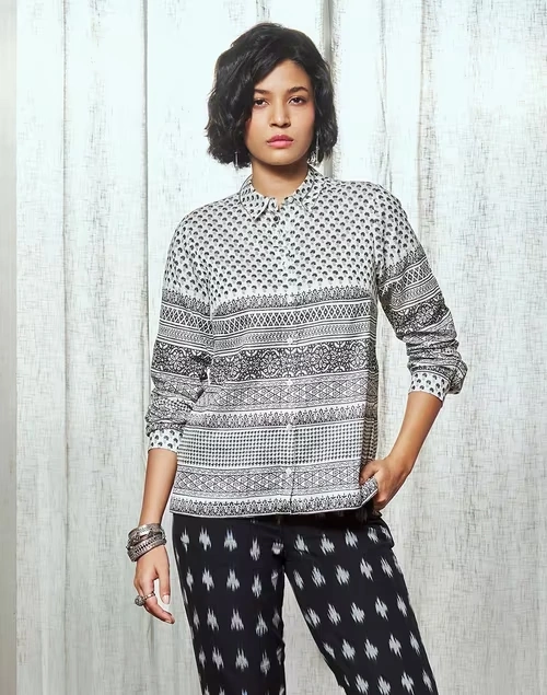 White Cotton Silk Printed Shirt