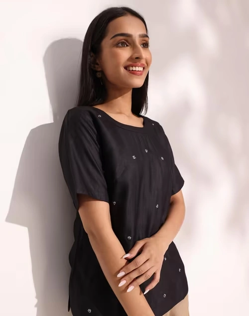 Black Viscose Silk Embossed Arcadian Top