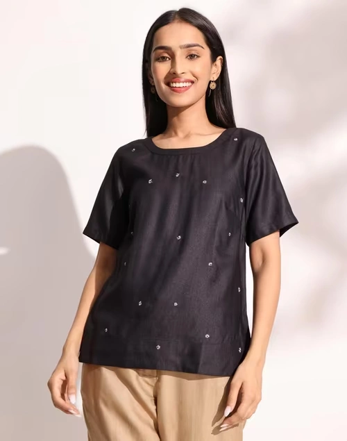 Black Viscose Silk Embossed Arcadian Top