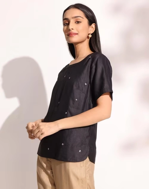 Black Viscose Silk Embossed Arcadian Top 3 Black Viscose Silk Embossed Arcadian Top