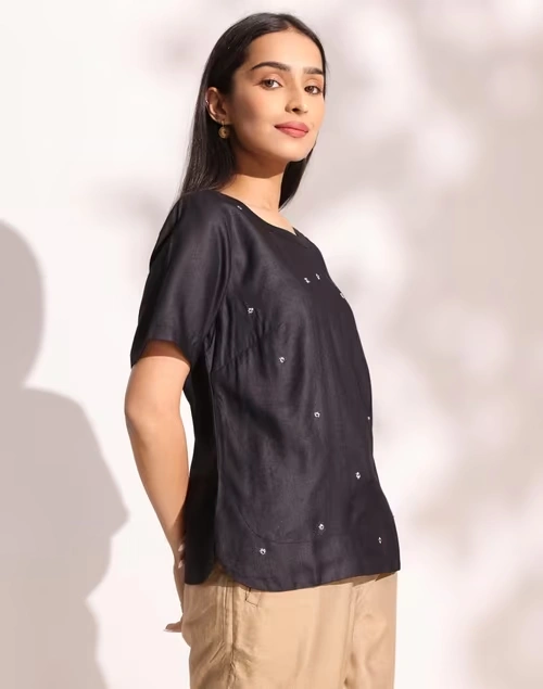 Black Viscose Silk Embossed Arcadian Top 4 Black Viscose Silk Embossed Arcadian Top