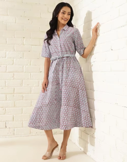 White Cotton Hand Block Printed Midi Dress