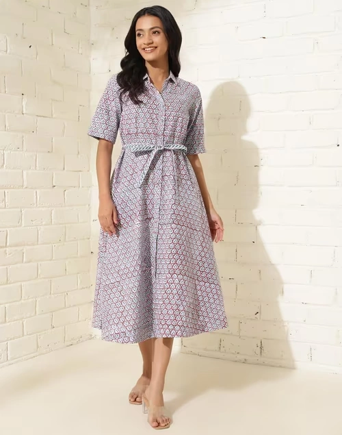 White Cotton Hand Block Printed Midi Dress