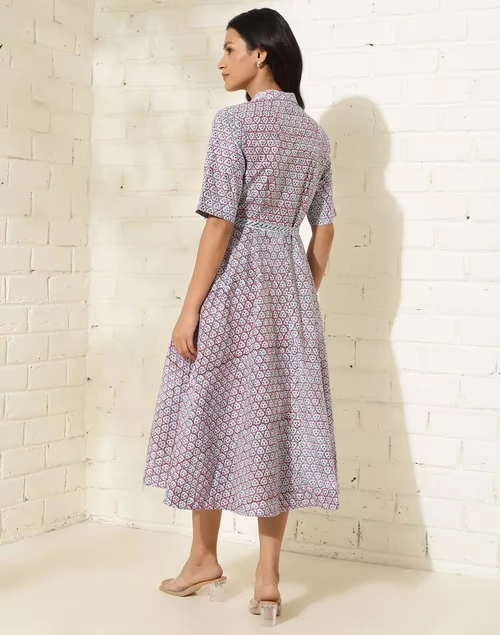 White Cotton Hand Block Printed Midi Dress