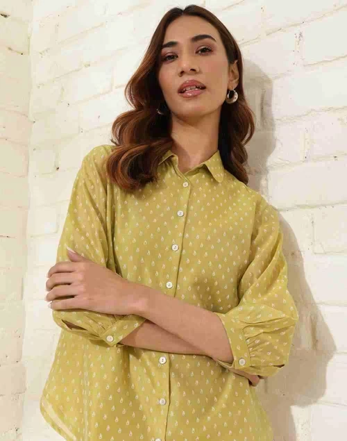 Green Cotton Silk Printed Shirt