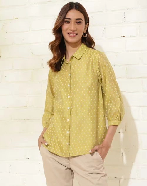 Green Cotton Silk Printed Shirt