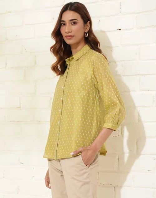 Green Cotton Silk Printed Shirt