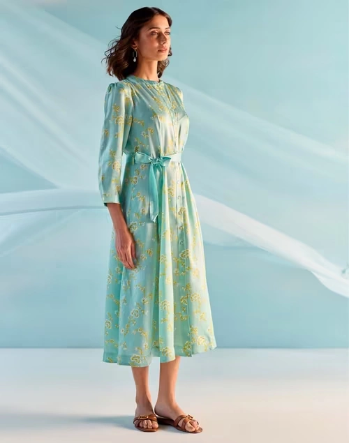 Blue Viscose Printed Midi Dress