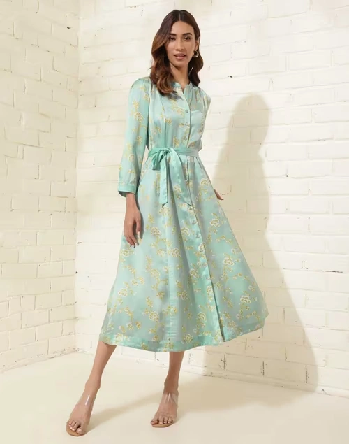 Blue Viscose Printed Midi Dress