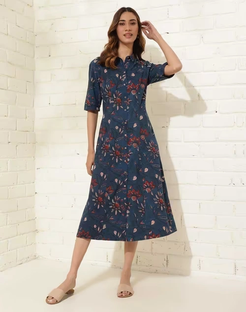 Blue Cotton Printed Midi Dress