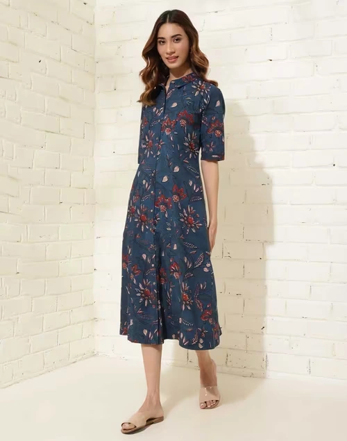 Blue Cotton Printed Midi Dress