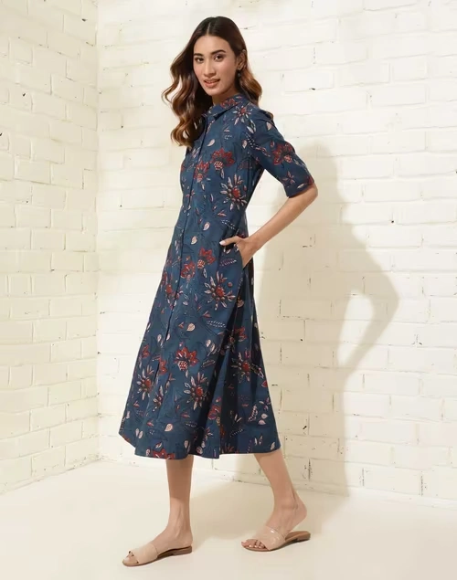 Blue Cotton Printed Midi Dress 3 Blue Cotton Printed Midi Dress